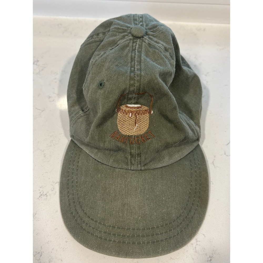 Adams Nantucket Lightship Basket Hat Olive Green Cotton Leather Strap Dad Cap